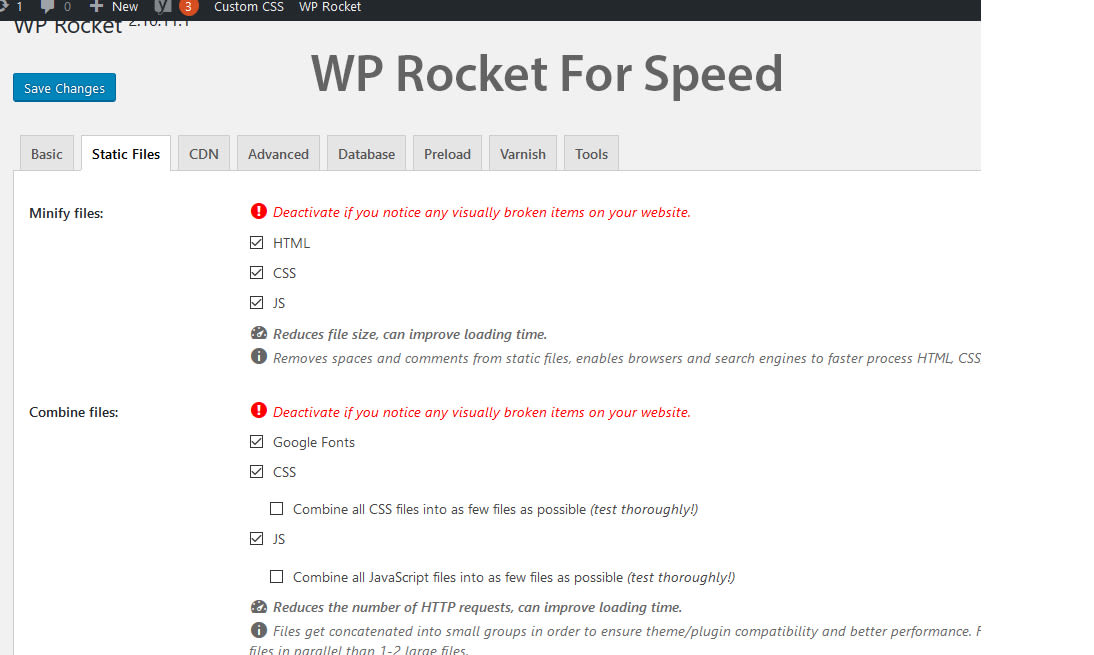 WP Rocket speed settings