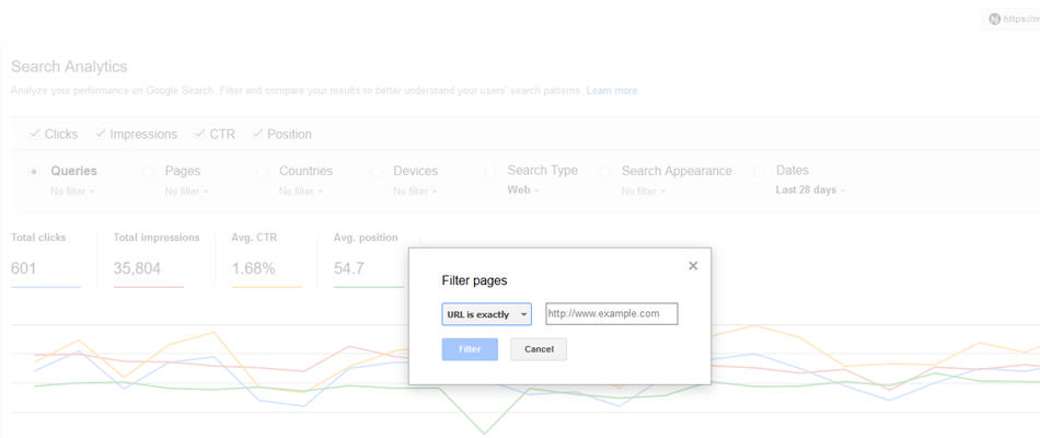 Search analytics filter by page