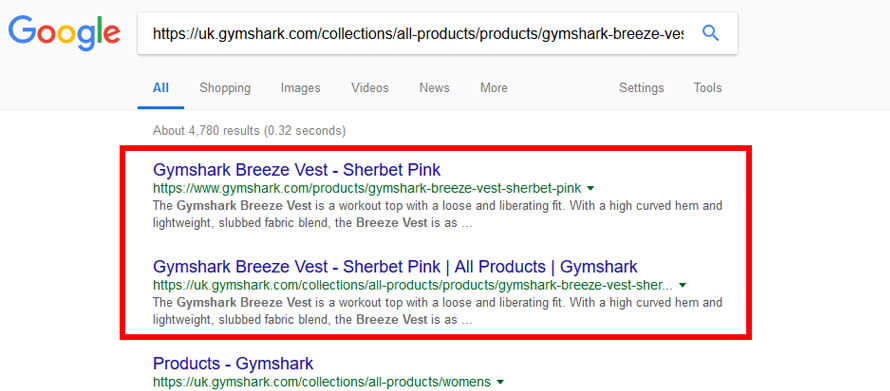 Duplicate product urls in Google Gym Shark