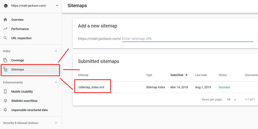 Google search console sitemap page