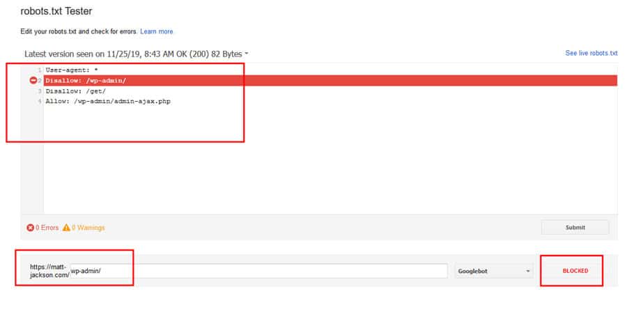 example of blocked robots.txt page in testing tool