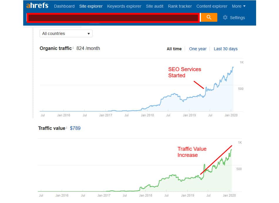 ahrefs traffic and traffic value stats for fashion client january 2020